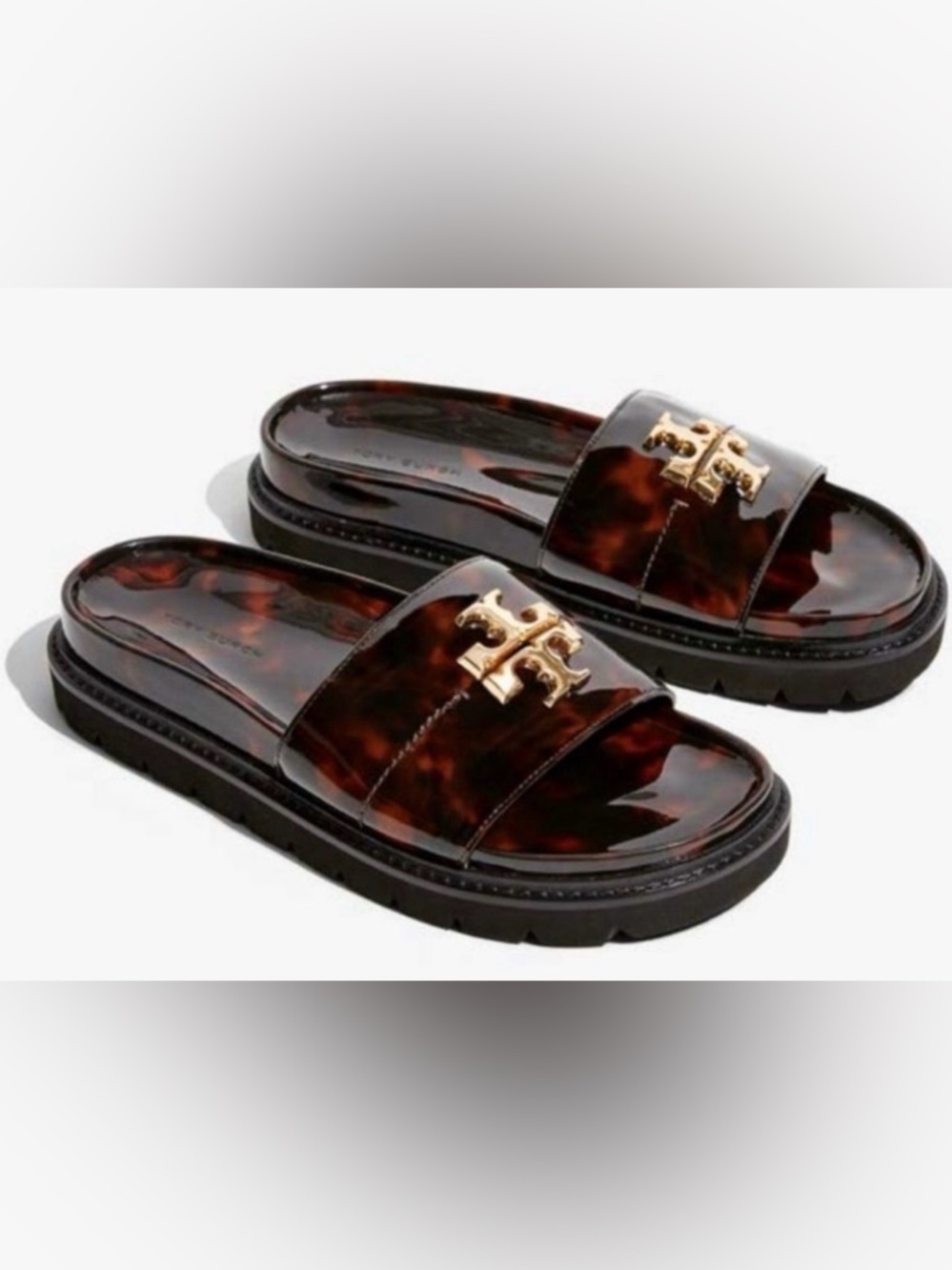 Tory Burch Everly Tortoiseshell Patent Slide Sandals with Gold Logo